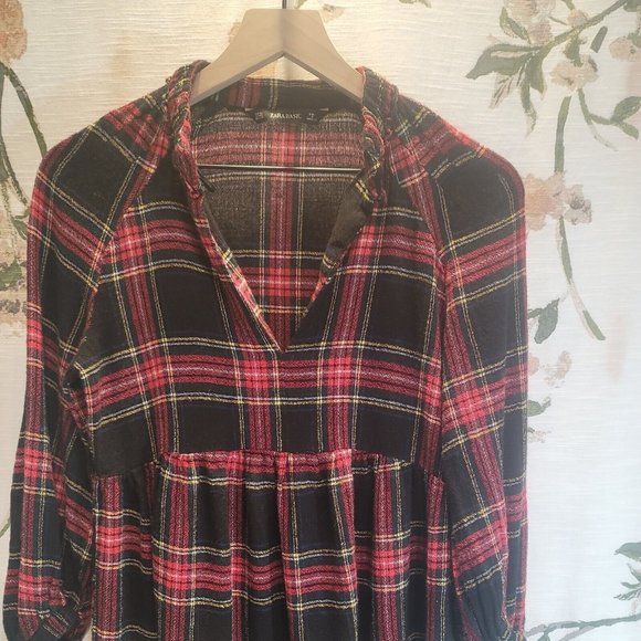 Zara Red and Black Plaid Blouse Tunic Top - Picture 2 of 9